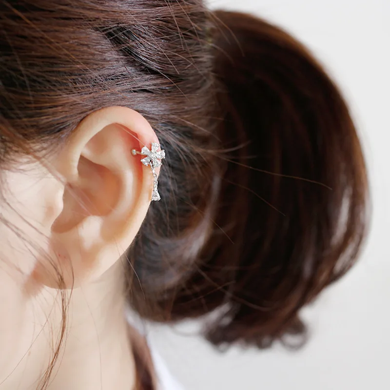 ONLY 1PC 7.6MM 100% real. Authentic 925 Sterling silver Flower White CZ 4A Clip Earrings tassel (No pierced) Fine jEWELRY E40 | Украшения и