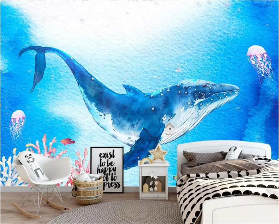 

3D-обои на заказ, настенные, для гостиной, акварельные, с рисунком Кита, морского дна, дивана, фона под Телевизор