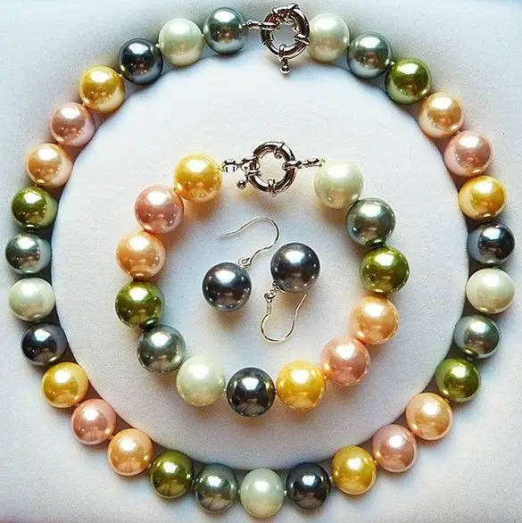 

hot sell new - nice set of 14mm colorful shell pearl necklace bracelet & earrings