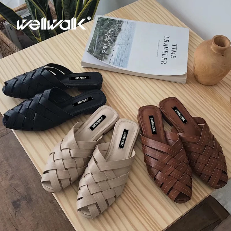 Wellwalk/тканая обувь женские тапочки на плоской подошве слипоны из искусственной