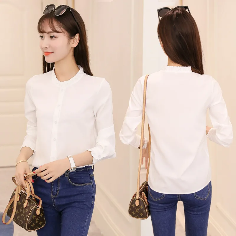 Summer Women Office Work OL Wear Chiffon Blouses Shirt Lady Girsl Long Sleeve O-Neck Blusas Shirts DF1173