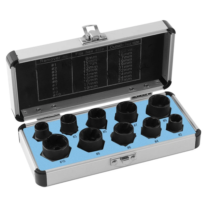 10pcs/Box Nut Remover Kit Damaged Bolt Extractor Broken Screw Removal Socket Tool Screws Threading Removing Tools Set
10pcs/Box Nut Remover Kit Damaged Bolt Extractor Broken Screw Removal Socket Tool Screws Threading Removing Tools Set