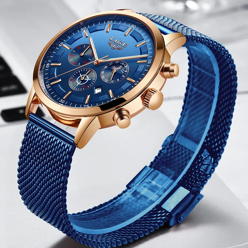 Мужские кварцевые часы с сетчатым ремешком и синим циферблатом