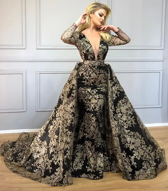 Dubai Luxury Design Black Evening Dresses 2019 V-Neck Long Sleeve Beading Sequined Evening Gowns Detachable Train
Dubai Luxury Design Black Evening Dresses 2019 V-Neck Long Sleeve Beading Sequined Evening Gowns Detachable Train
