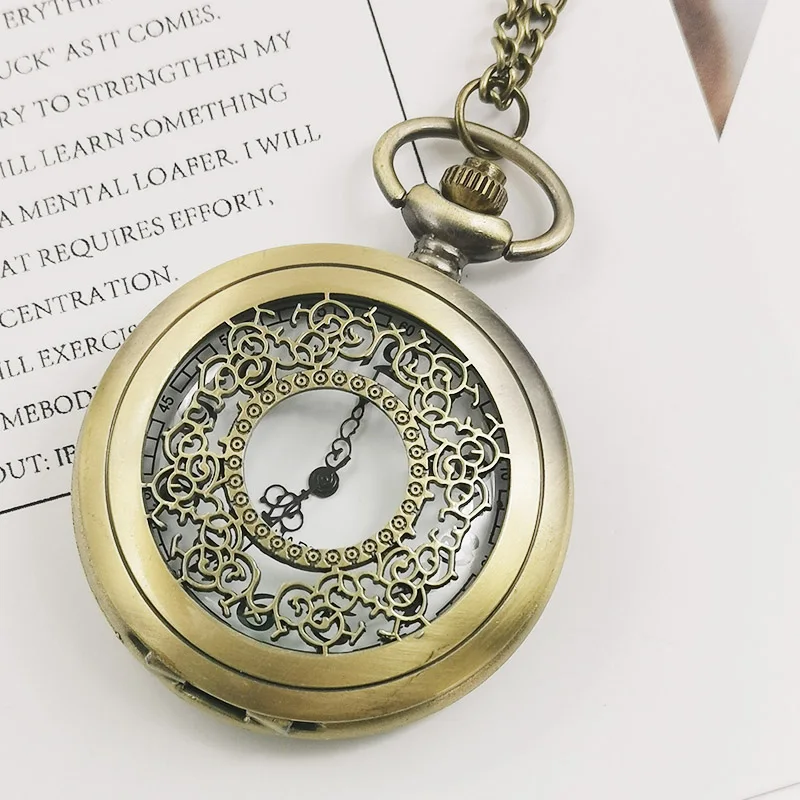 New Vintage Bronze Hollow Flower Quartz Pocket Watches Steampunk Necklace Pendant Watch for Men Women CF1006 | Наручные часы