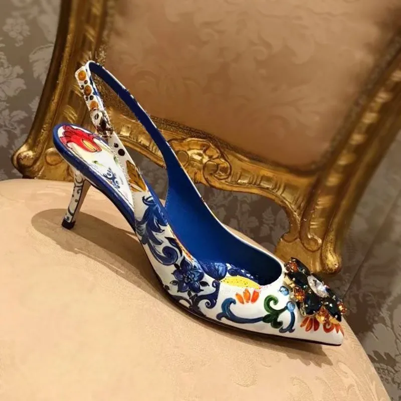 New 2019 retro print rhinestone pointed toe high heeled pumps Fashion women's vintage heels shoes EU35-41 size BY682 | Обувь