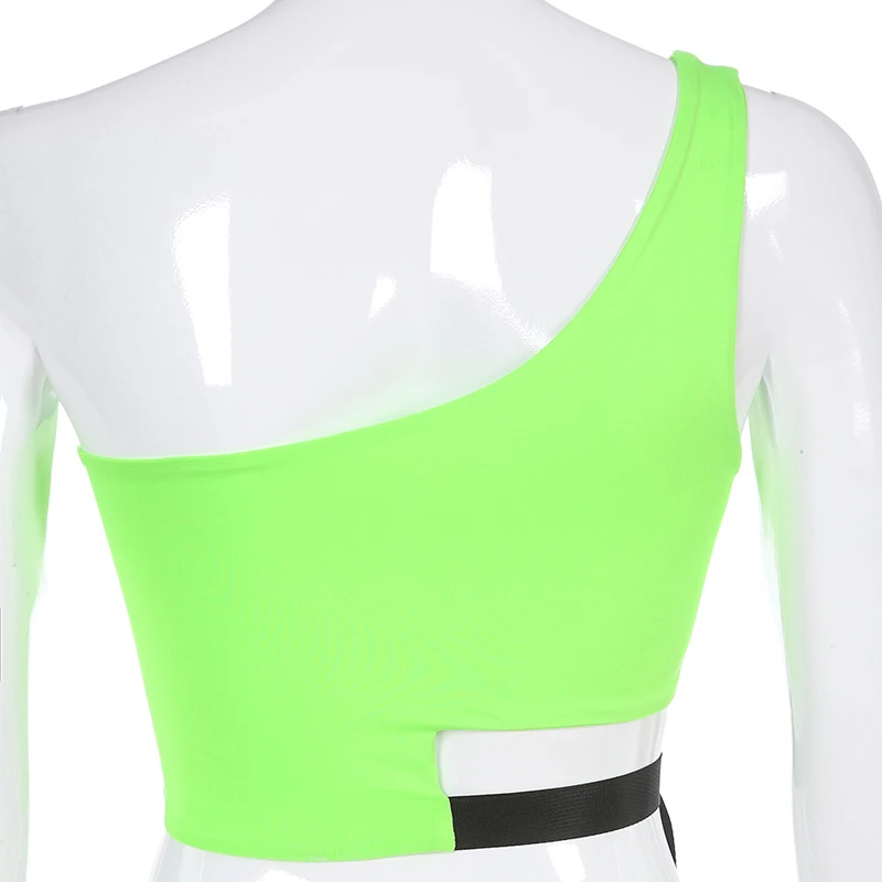 One Shoulder Neon Green Crop Top Patchwork Sleeveless Women Tank Casual Cropped Tops Tees Ladies Streetwear 2019 Short | Женская одежда