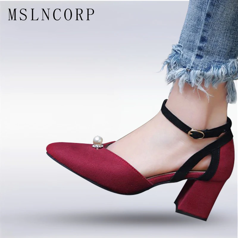 

plus size 34-48 chaussures Pointed Toe femme ankle wrap block high heels pearls ladies summer shoes pumps women sandalias mujer