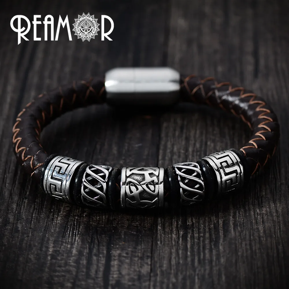 REAMOR Trendy Men Black Leather Bracelet 316l Stainless steel Viking Bead Bracelets with Strong Magnet Clasp 17-21cm
REAMOR Trendy Men Black Leather Bracelet 316l Stainless steel Viking Bead Bracelets with Strong Magnet Clasp 17-21cm