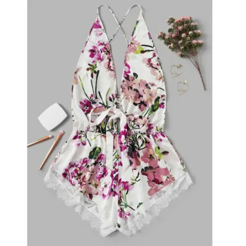 Sexy Womens NIghtwear Lace Spliced Slik Comfortable Sleeveless Backless V-Neck Nightwear Floral Printed Summer NIghtclothes
Sexy Womens NIghtwear Lace Spliced Slik Comfortable Sleeveless Backless V-Neck Nightwear Floral Printed Summer NIghtclothes