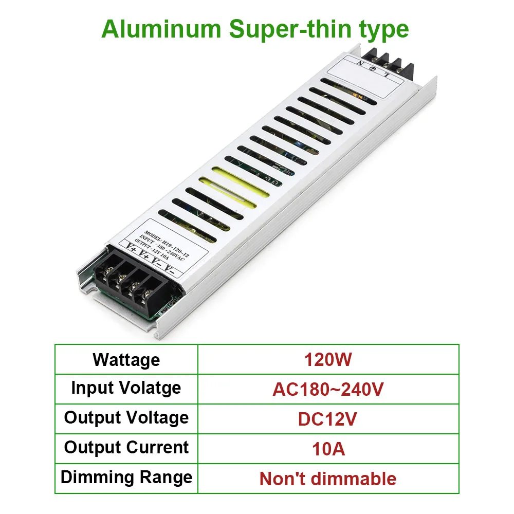 120 Вт 10А Led супер тонкое освещение Трансформатор алюминиевый AC180 240V выход DC12V