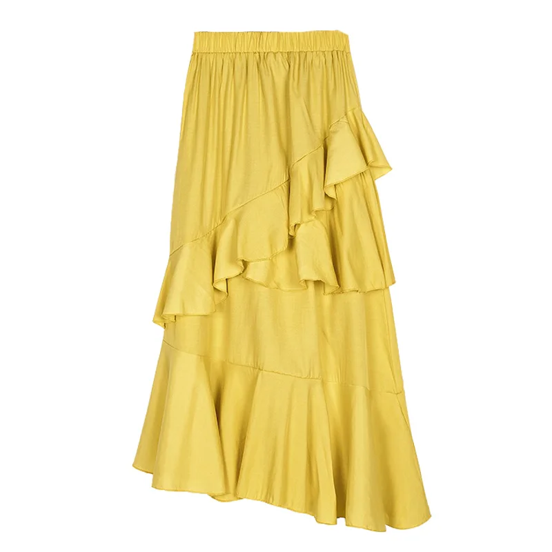 Women Skirt High Waist Solid Color Asymmetrical Saias Streetwear Temperament Ladies Fashion Design Mid-calf Ruffles Long Skirt
Women Skirt High Waist Solid Color Asymmetrical Saias Streetwear Temperament Ladies Fashion Design Mid-calf Ruffles Long Skirt