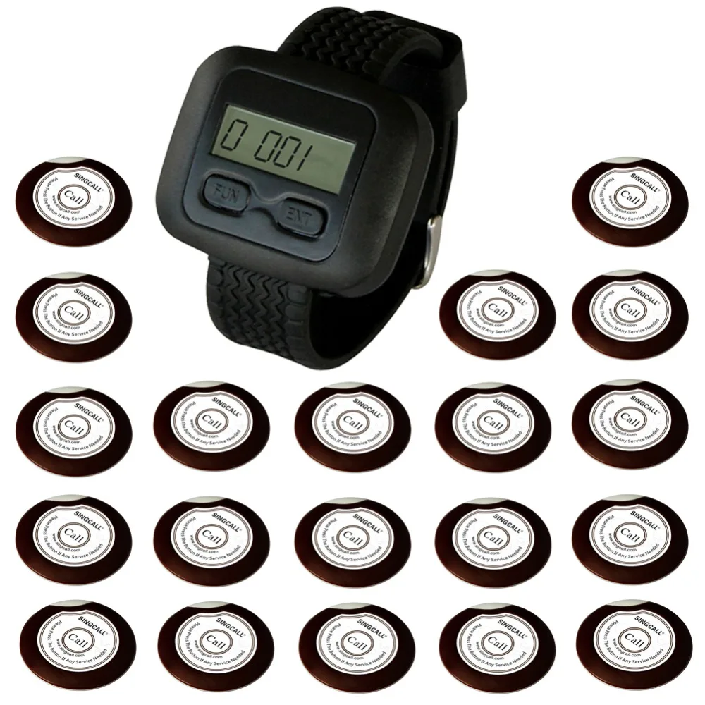 SINGCALL Wireless Hospital Calling System for Restaurant, Hotel, Coffee Shop 20 One-Button Bells and 1 Watch Receiver
SINGCALL Wireless Hospital Calling System for Restaurant, Hotel, Coffee Shop 20 One-Button Bells and 1 Watch Receiver