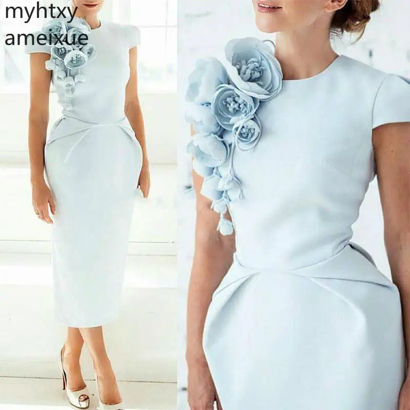 

New Arrival Cap Sleeves Tea Length Sky Blue Empire Custom Evening Dress With Flowers Short Formal Occasion Party 2021 Plus Size