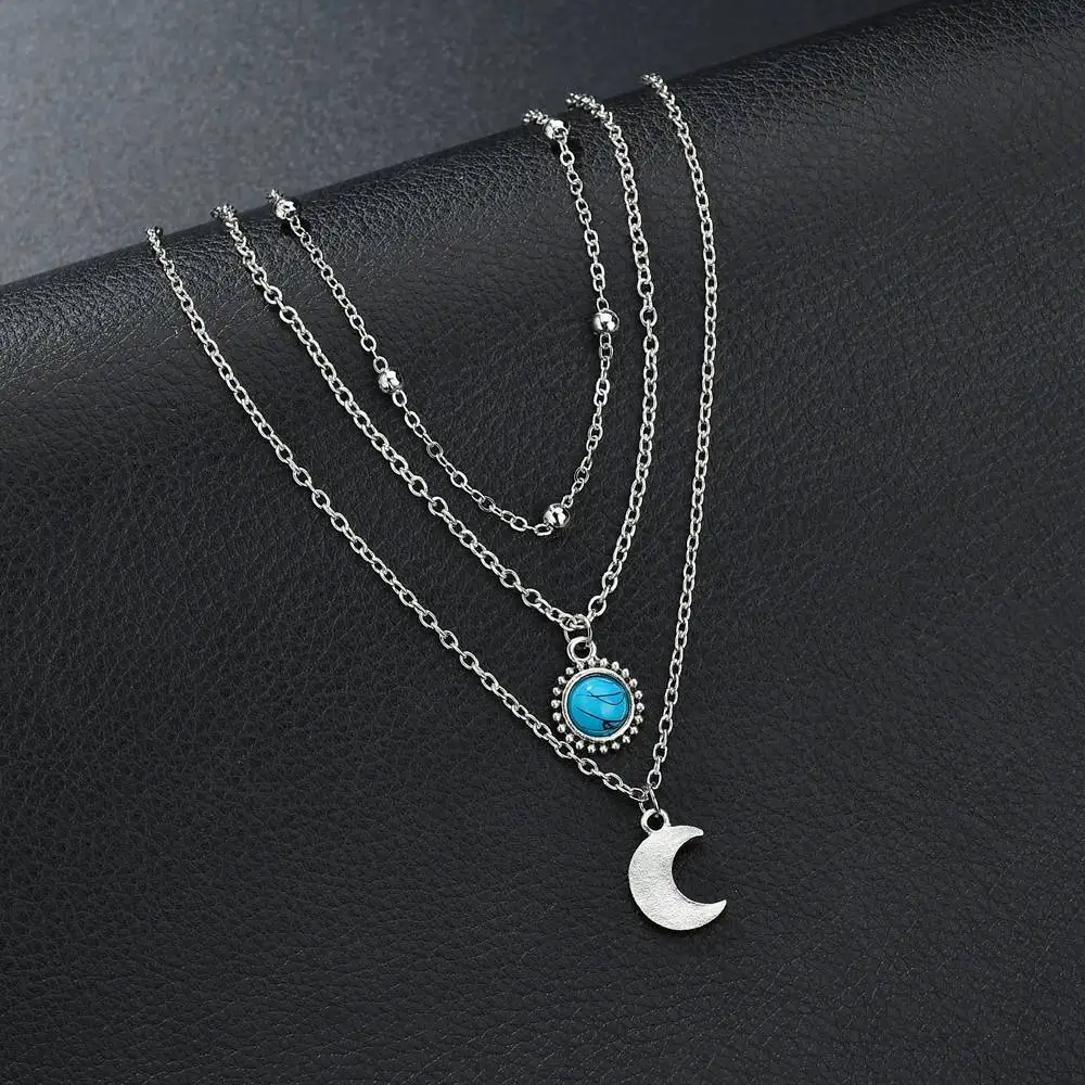 2019european And American Fashion Popular Three-layer Necklace Female Evil Eye Jewelry Turquoises Stone Classic Moon New | Украшения и