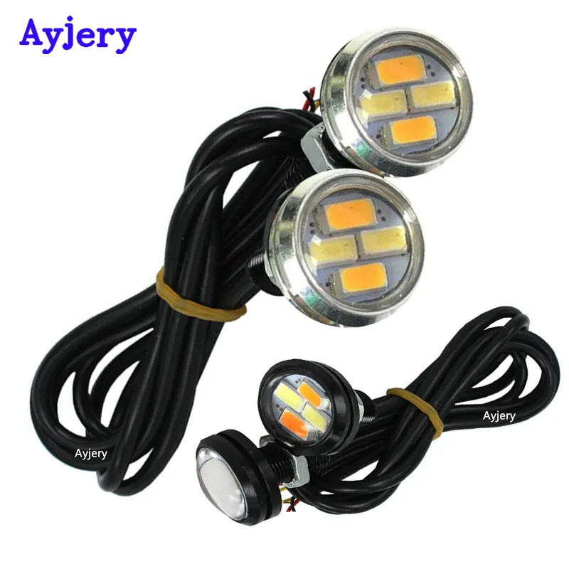 

AYJERY 6pcs DC 12V 5730 4 SMD Car LED DRL Eagle Eye White Amber Switchback Dual Color Turn Signal Daytime Running Light 23MM