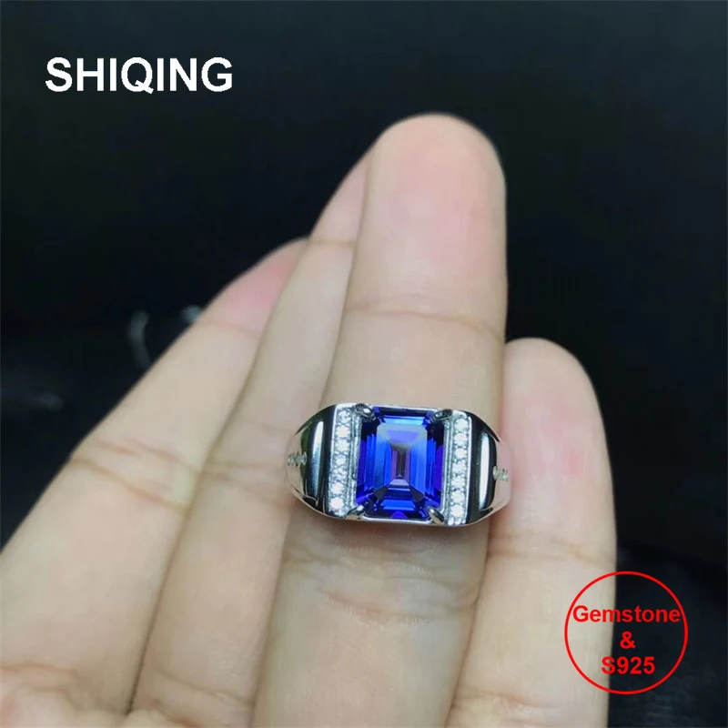 Мужские прямоугольные кольца SHIQING из серебра 925 пробы с натуральным голубым
