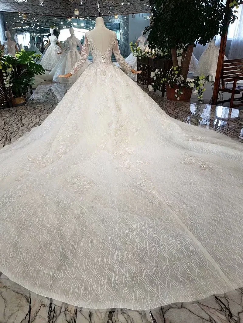 100% Real Photos Luxury Wedding Dresses Ball Gown Long Sleeves Fluffy Tulle Lace Flowers Crystal Beading 2021 New Customize SK01 | Свадьбы и