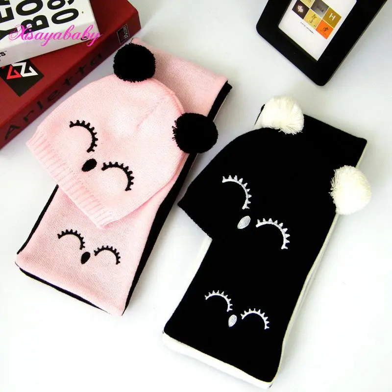 

new arrival Baby Thick Winter Hats Eyes print Baby Boy Girl Knitted Hats Newborn Baby Beanies+Scarf Twinset for 1-2T