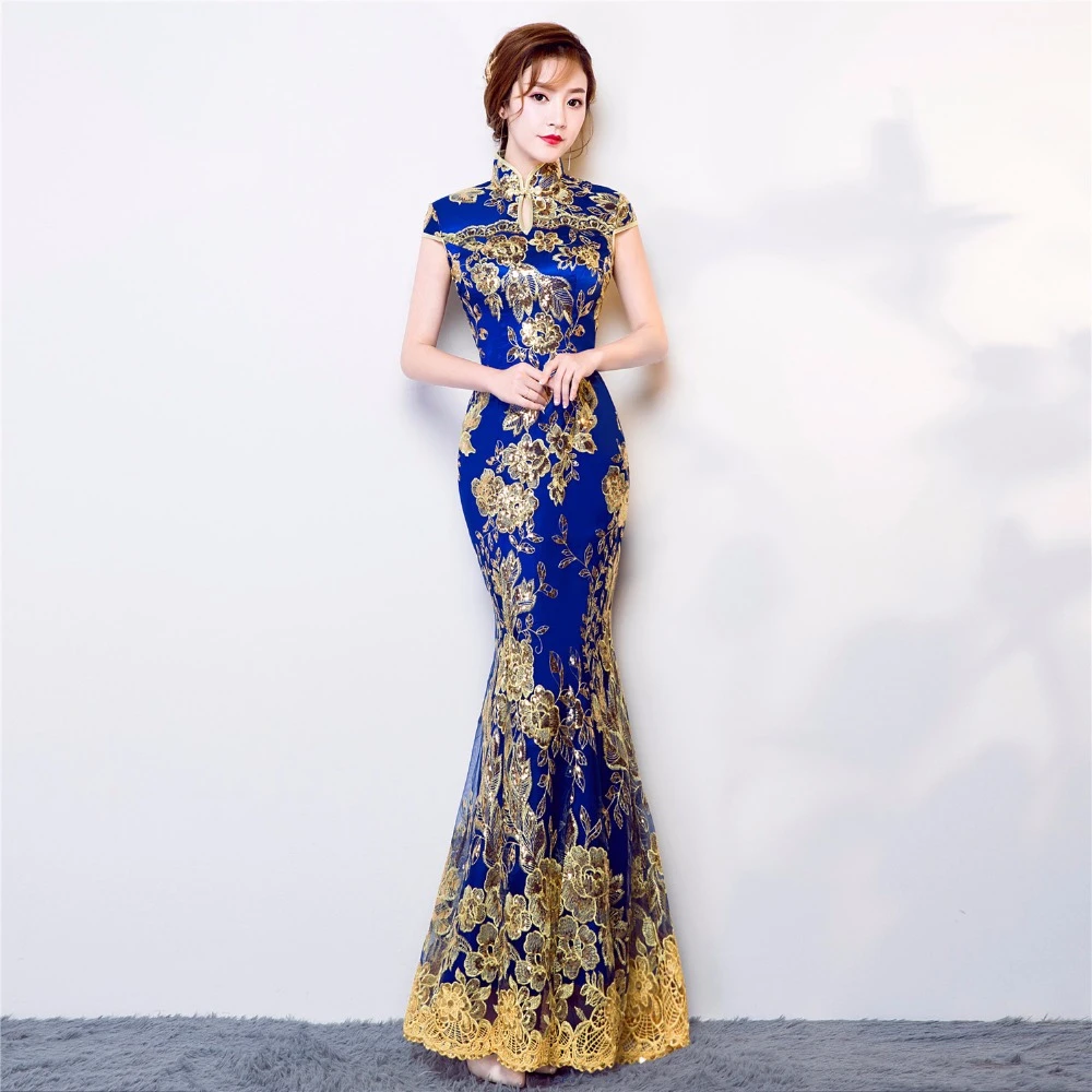 Shanghai Story new arrival chinese style cheongsam long fashion design Sequins lace embroidered mermaid fish tail dress
Shanghai Story new arrival chinese style cheongsam long fashion design Sequins lace embroidered mermaid fish tail dress