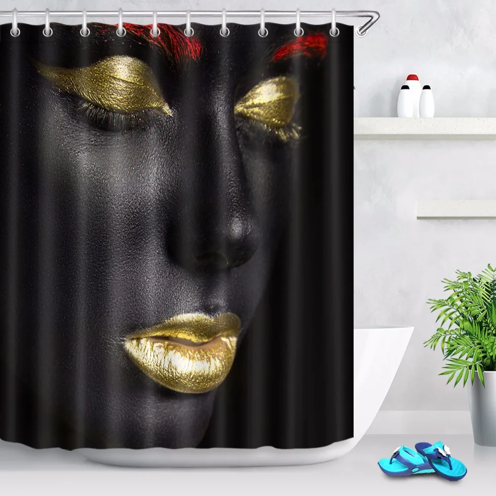 African Gold Red Makeup Black Woman Bathroom Fabric Shower Curtain Waterproof Polyester Girl Bath Curtain Sets with 12 Hooks
African Gold Red Makeup Black Woman Bathroom Fabric Shower Curtain Waterproof Polyester Girl Bath Curtain Sets with 12 Hooks