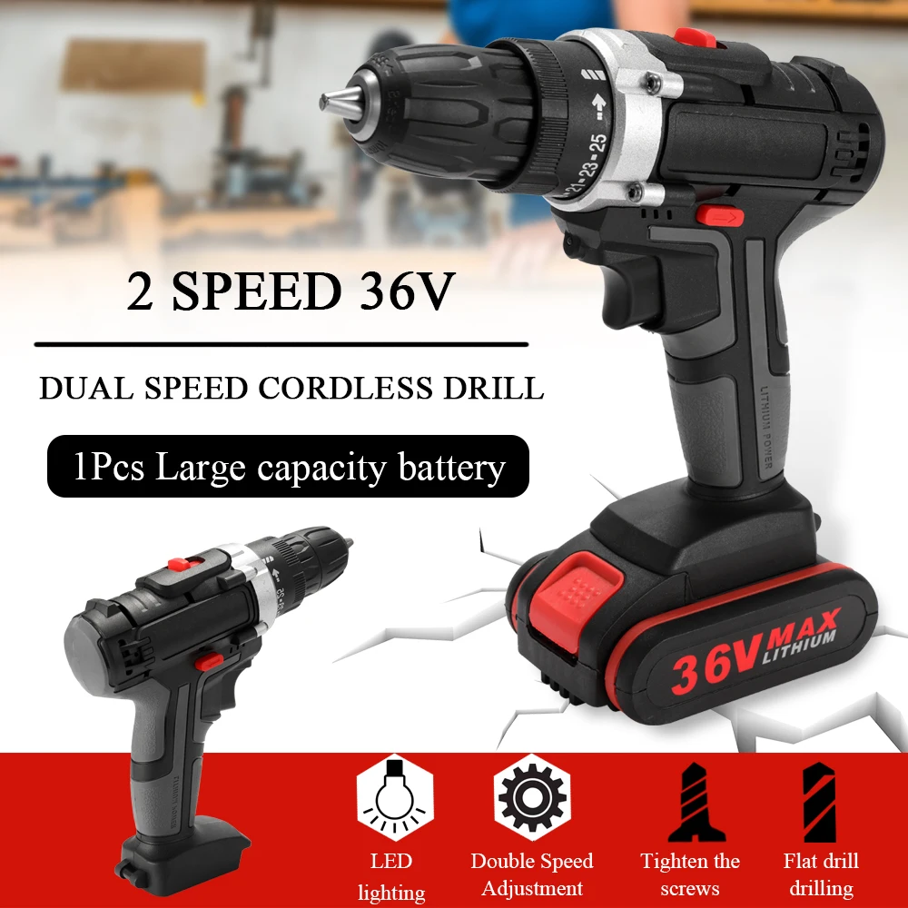 36V Electric impact Cordless Drill High-power with 2 pcs Lithium Battery Wireless Rechargeable Hand Drills Electric Power Tools
36V Electric impact Cordless Drill High-power with 2 pcs Lithium Battery Wireless Rechargeable Hand Drills Electric Power Tools