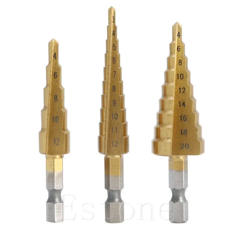 3Pcs HSS 4241 Steel Step Cone Titanium Coated Drill Bit Cut Tool Hole Cutter Set H02
3Pcs HSS 4241 Steel Step Cone Titanium Coated Drill Bit Cut Tool Hole Cutter Set H02