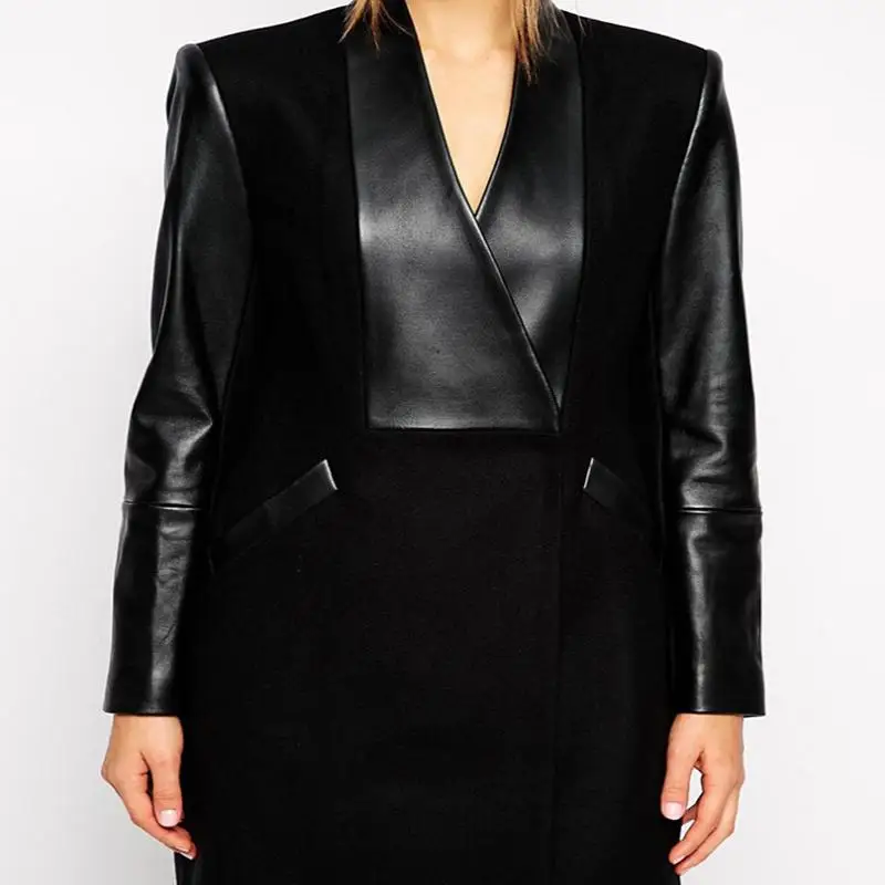 European New Fashion Women Winter Coat Elegant v-neck Splicing Long Sleeve Cloth Leather Coat
European New Fashion Women Winter Coat Elegant v-neck Splicing Long Sleeve Cloth Leather Coat