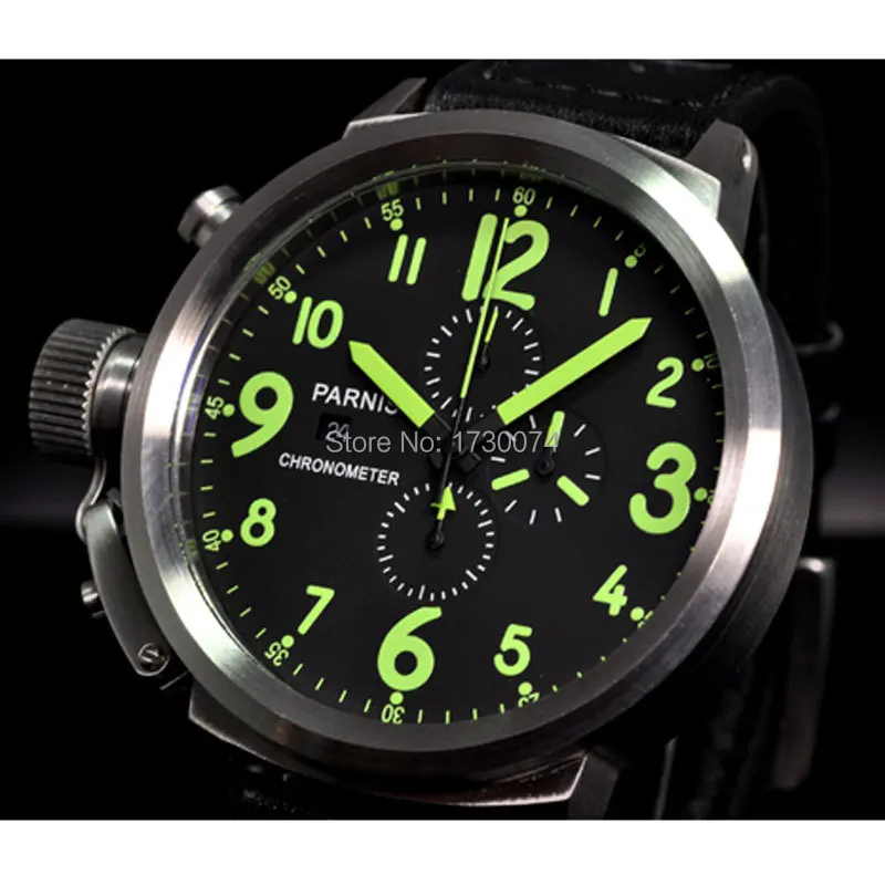 

Parnis Quartz Mens Watch 50mm Black Dial Big Face Full Chronograph Date Display Green Markers P35 Leather Strap Stop Watches