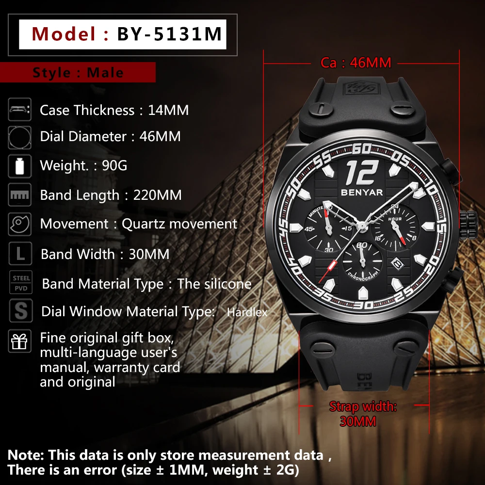 Men's Watches Business Top Brand Luxury Wrist Watches BENYAR Waterproof Fashion Silica gel Sport Chronograph Relogio Masculino
Men's Watches Business Top Brand Luxury Wrist Watches BENYAR Waterproof Fashion Silica gel Sport Chronograph Relogio Masculino