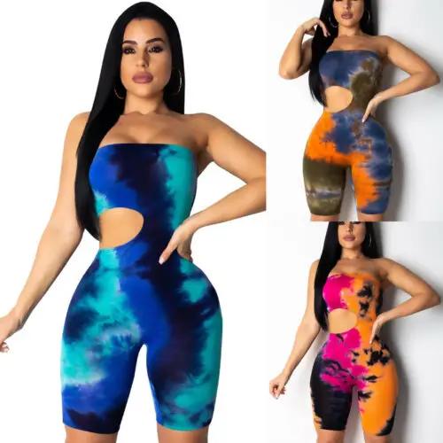 

Sexy Women Strapless Colorful Short Jumpsuit Romper Tie-dyed Playsuit Hollow Out Backless Summer Casual Playsuits NEW