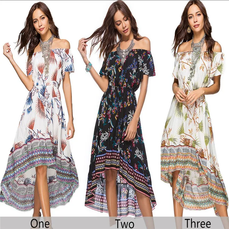 

Short Sleeve Printed Irregular Dress Women Bohemia Summer Beach Dress2019New Style Off Shoulder Vestidos de fiesta de noche Boho