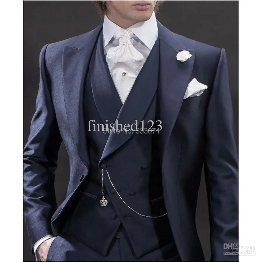 tailor made Navy Groom Suits double-breasted Morning style Tuxedos Best man bridegroom Men party Wedding Jacket+Pants+tie+vest | Мужская