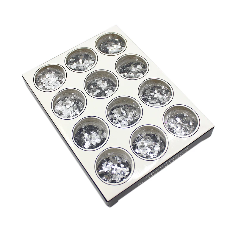 12pcs Silver color mix zise Hexagon Glitter Dust Sequin Set French Acrylic UV Gel Polish Tips Powder Sparkly Shiny 3D Nail Art | Красота и