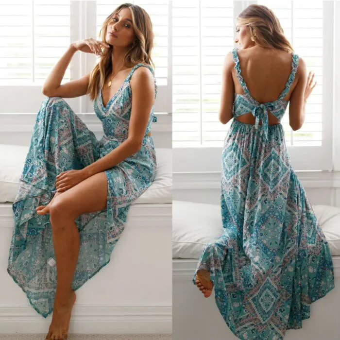Women Sexy Backless Dress Summer Bohemian Floral Print Long Dresses Femal V Neck Vestidos Plus Size Lady Casual Clothes blue
Women Sexy Backless Dress Summer Bohemian Floral Print Long Dresses Femal V Neck Vestidos Plus Size Lady Casual Clothes blue
