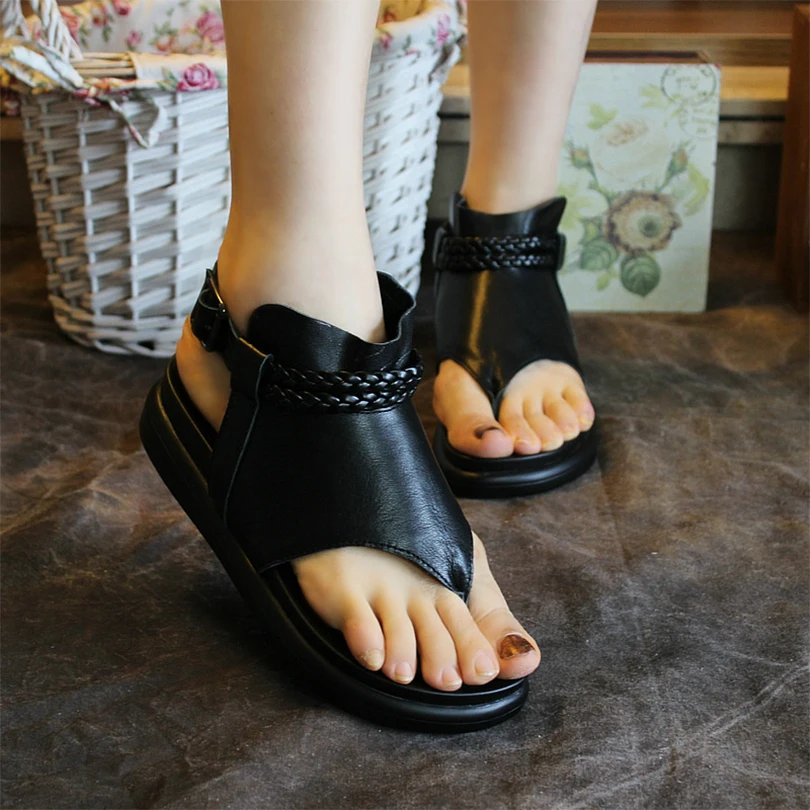 Summer Women's Sandals Med Heels Comfortable Soft Rubber Bottom Genuine CowLeather Leisure Retro Handmade Shoes New Fashion2019 | Обувь