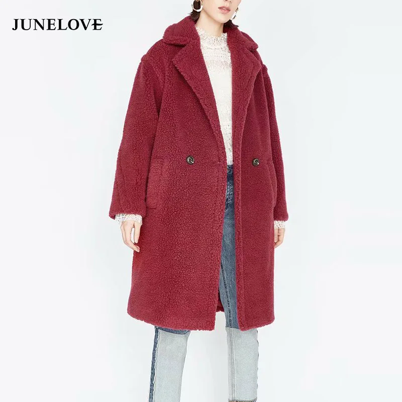 JuneLove Женское зимнее теплое длинное пальто из искусственного меха винтажное