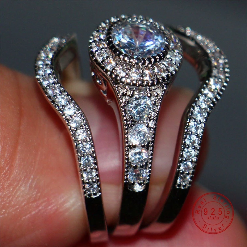 2019 New 3 pcs / Set Luxury Female White Round AAA Zircon Ring Fashion Silver Promise Engagement Rings For Women Jewelry | Украшения и