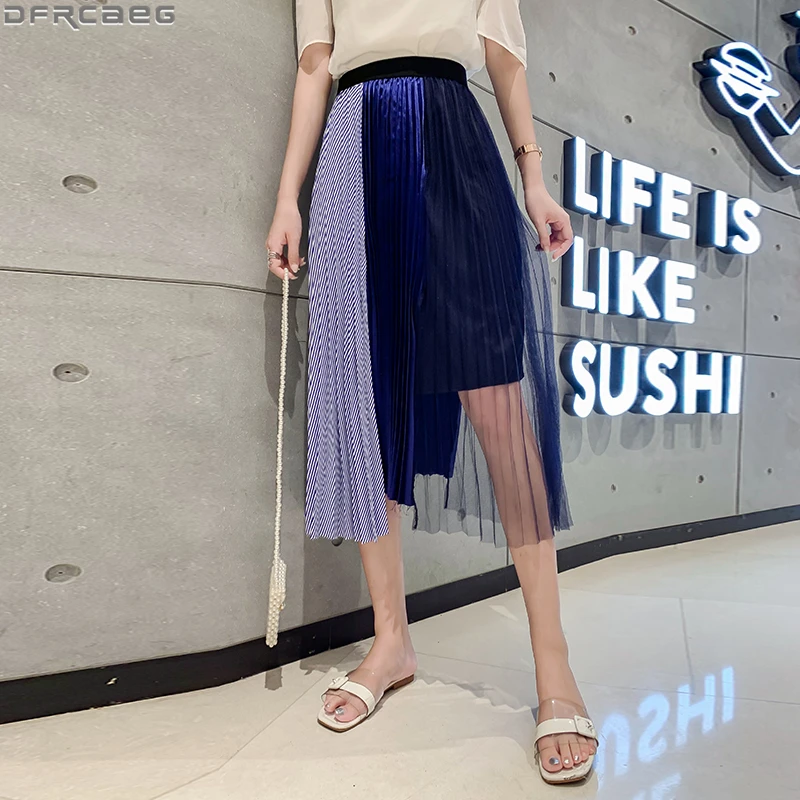 Casual Summer Plus Size Women Skirt Elegant Blue Striped Patchwork Mesh Skirts Elastic Waist A-line Saia Midi Vintage Jupe Femme
Casual Summer Plus Size Women Skirt Elegant Blue Striped Patchwork Mesh Skirts Elastic Waist A-line Saia Midi Vintage Jupe Femme