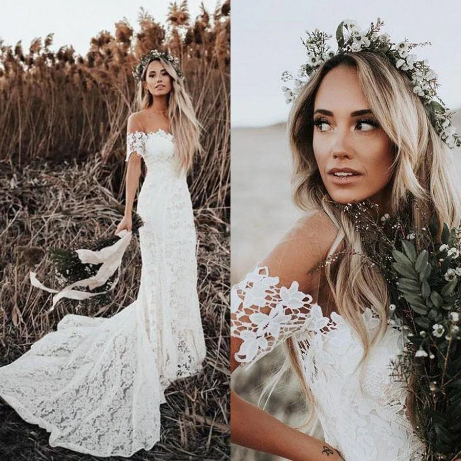 Elegant Boho Lace Mermaid Wedding Dresses Off The Shoulder Short Sleeves Bridal Dresses Beach Wedding Gowns Sweep Train
Elegant Boho Lace Mermaid Wedding Dresses Off The Shoulder Short Sleeves Bridal Dresses Beach Wedding Gowns Sweep Train