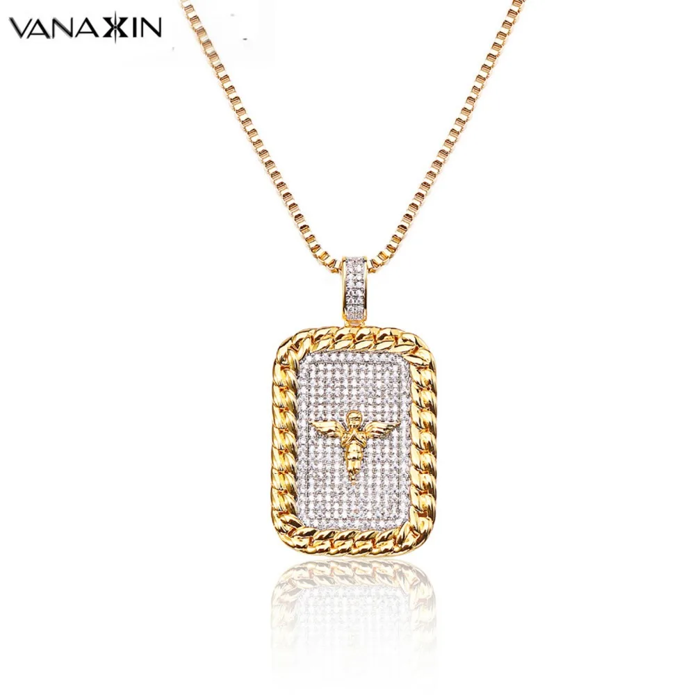 

VANAXIN Men Necklace for Punk Angel Wings Hiphop Square Ice Out Pave Brinco Male Pendant AAA Clear CZ Praying Angel Men Jewelry