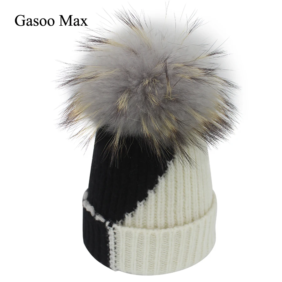 

2018 New Women Pompom Beanies Knit Hat Real Raccoon Fur Pompoms Beanie Thick Gorro Feminino Patchwork Caps CASHMERE Bonnet Cap