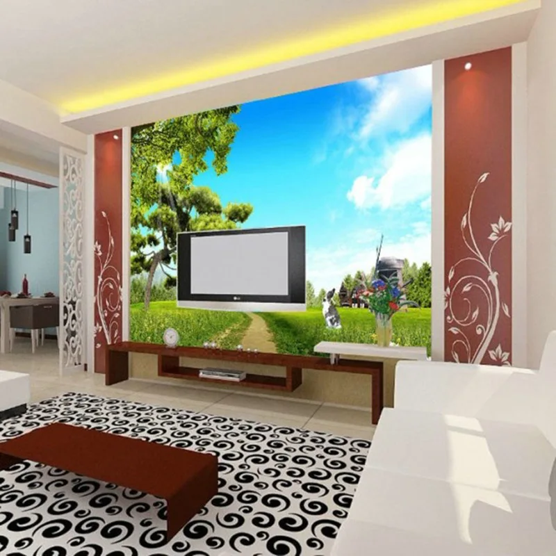 Customized wallpaper mural large 3D natural scenery with blue sky trees behind sofa as background in living room
Customized wallpaper mural large 3D natural scenery with blue sky trees behind sofa as background in living room