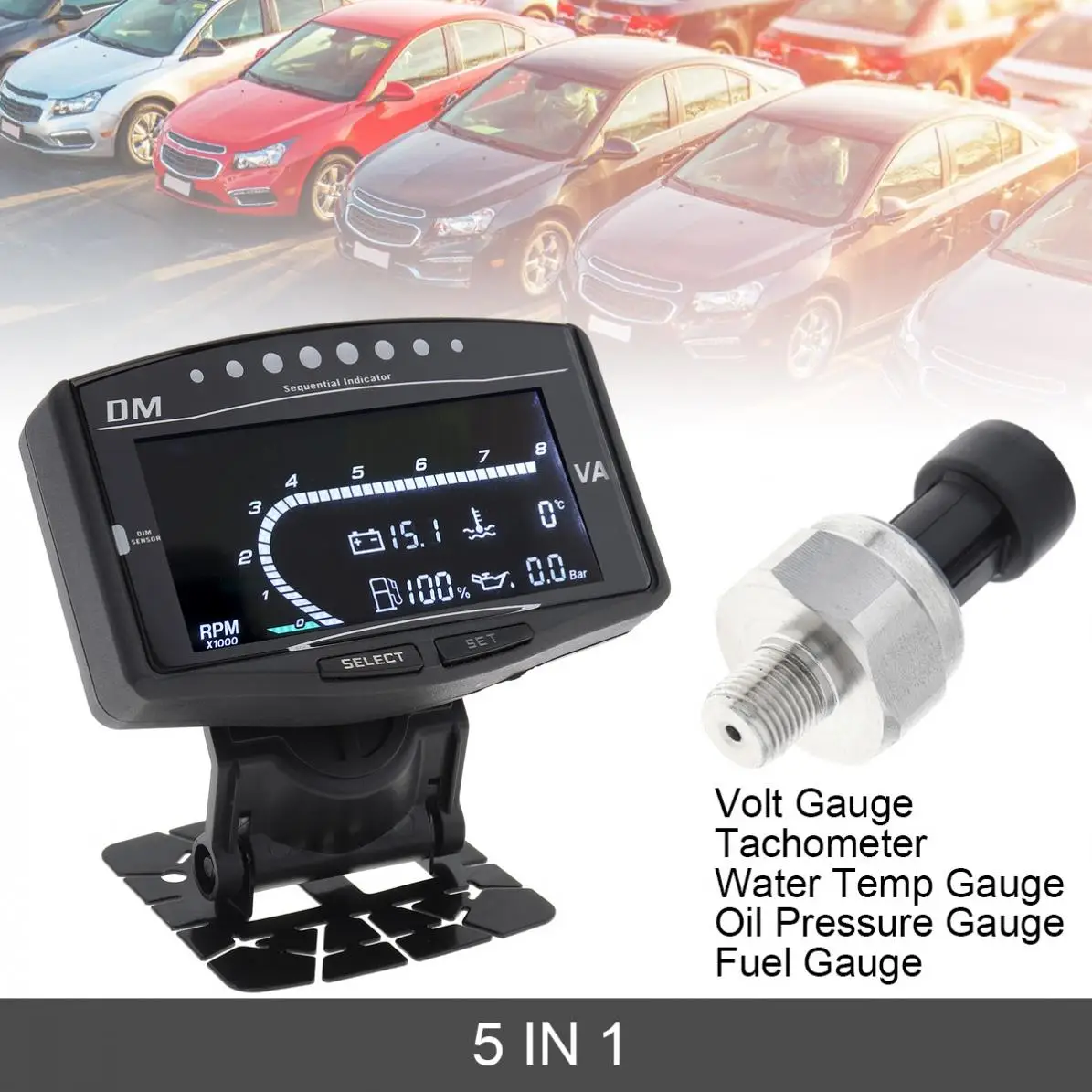 5 In 1 12V Car LCD Electronic Oil Pressure Gauge + Volt Voltmeter+Water Temperature Gauge+Fuel Gauge+Tachometer with Sensor
5 In 1 12V Car LCD Electronic Oil Pressure Gauge + Volt Voltmeter+Water Temperature Gauge+Fuel Gauge+Tachometer with Sensor