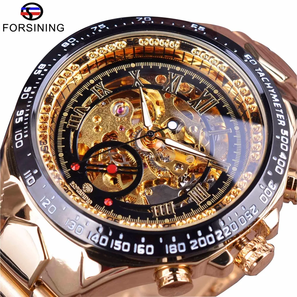 

Forsining Stainless Steel Classic Series Transparent Golden Movement Steampunk Mens Automatic Skeleton Watches Top Brand Luxury