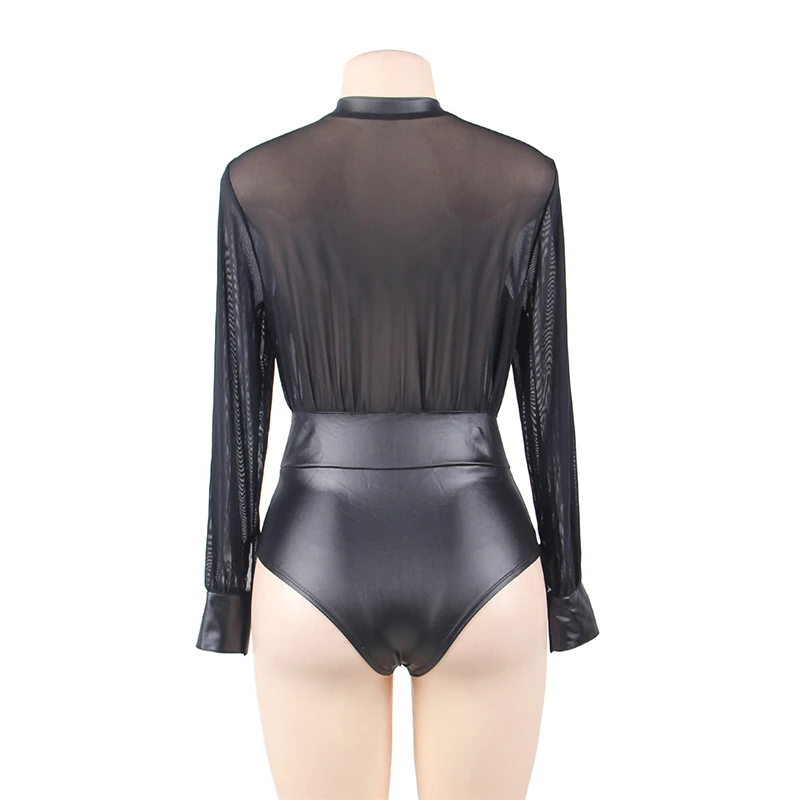 Zipper deep v neck sexy bodysuit PU leather long sleeve bodysuit plus size rompers womens jumpsuit mesh summer overalls RW80594
Zipper deep v neck sexy bodysuit PU leather long sleeve bodysuit plus size rompers womens jumpsuit mesh summer overalls RW80594