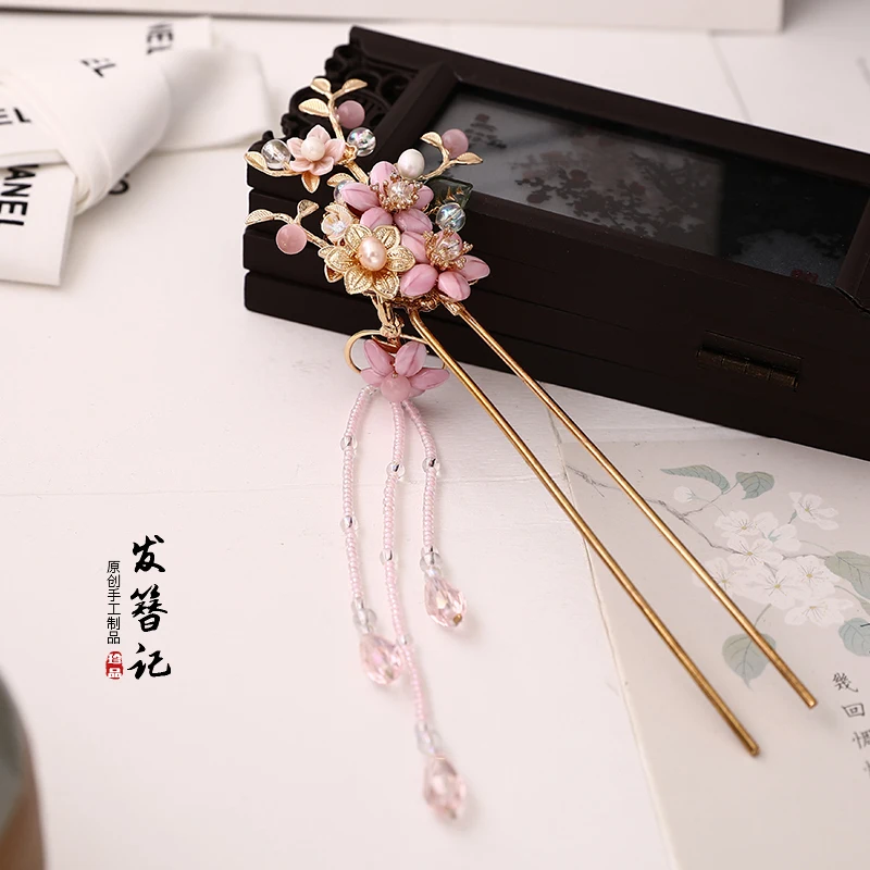 vintage pink beaded Cherry blossoms handmade Hair pin hair sticks crown accessories Headwear for kimono hanfu COSPLAY | Аксессуары для