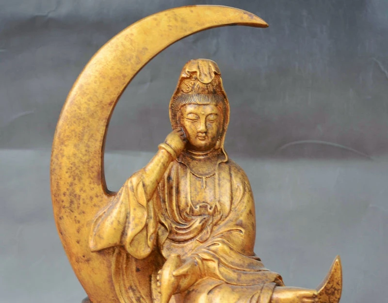 Китайский буддийский Храмовая бронзовая фигурка Gilt Free Kwan-yin богиня Гуаньинь