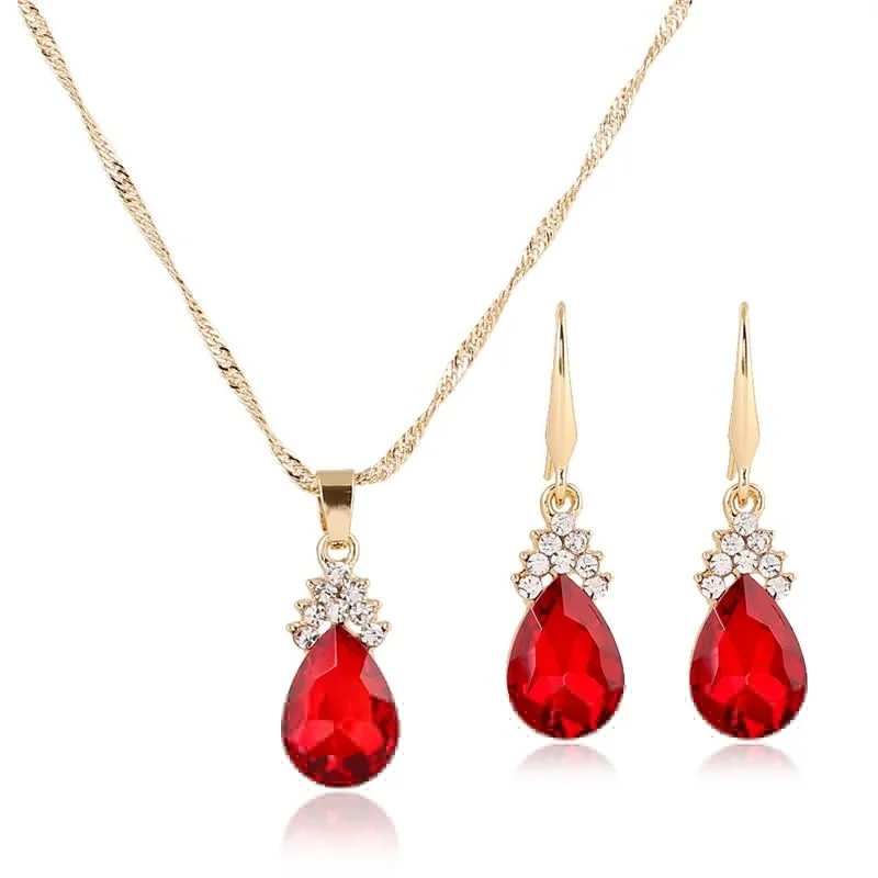 Bridal Red Crystal Fashion Jewelry Water Drop Shape Pendant Necklace Dangle Earrings 2PCS Girls Trendy Wedding Jewelry Sets
Bridal Red Crystal Fashion Jewelry Water Drop Shape Pendant Necklace Dangle Earrings 2PCS Girls Trendy Wedding Jewelry Sets