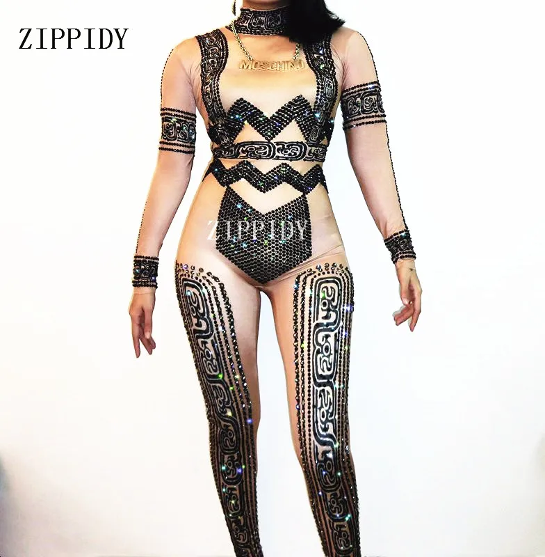 Sexy Black Rhinestone Jumpsuit Long Sleeves One-piece Stretch Nude Costume Bodysuit Performance Women Singer Dancer Wear
Sexy Black Rhinestone Jumpsuit Long Sleeves One-piece Stretch Nude Costume Bodysuit Performance Women Singer Dancer Wear